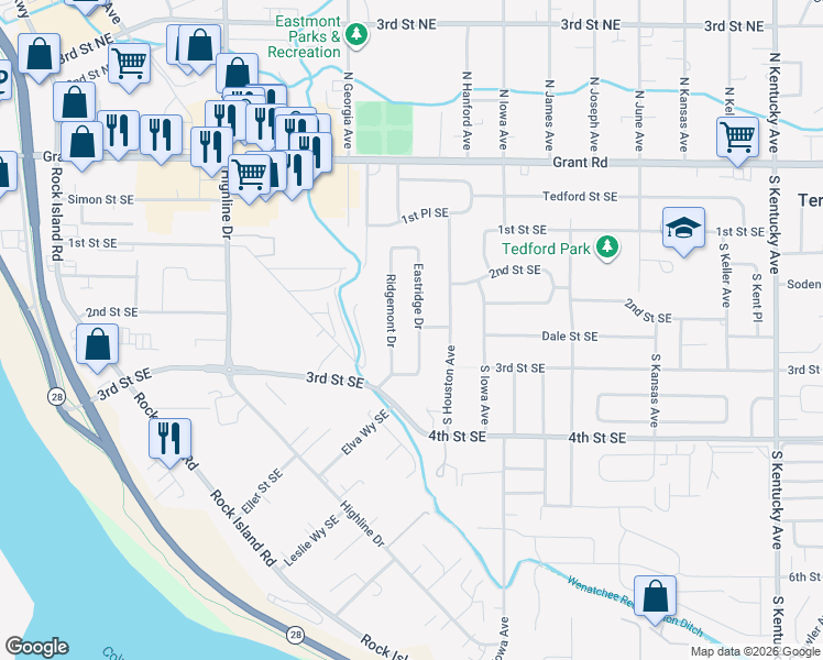 map of restaurants, bars, coffee shops, grocery stores, and more near 214 Eastridge Drive in East Wenatchee