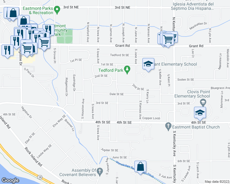 map of restaurants, bars, coffee shops, grocery stores, and more near 1127 Dale Street Southeast in East Wenatchee