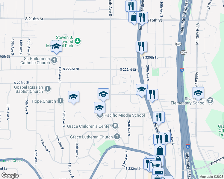 map of restaurants, bars, coffee shops, grocery stores, and more near 22 24th Avenue South in Des Moines