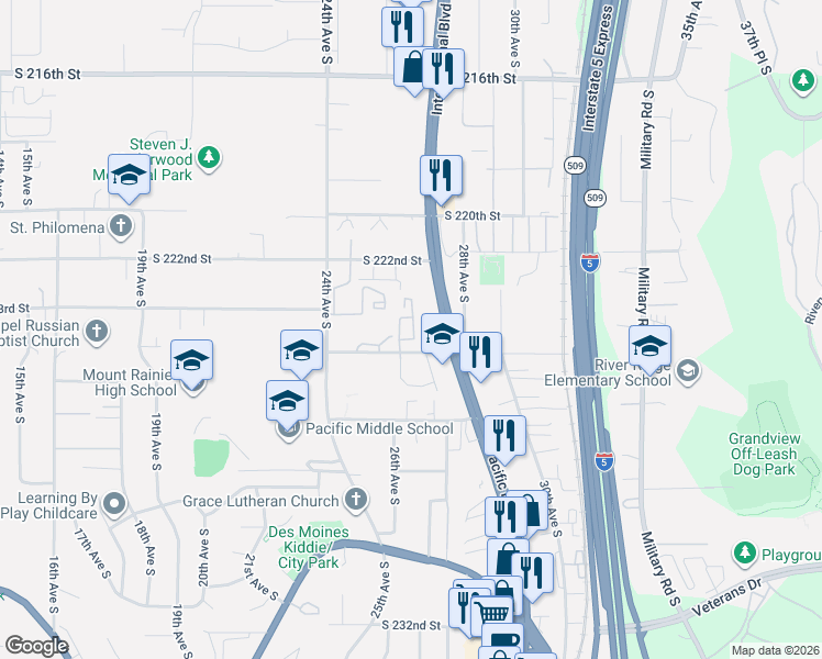 map of restaurants, bars, coffee shops, grocery stores, and more near 2616 South 224th Street in Des Moines
