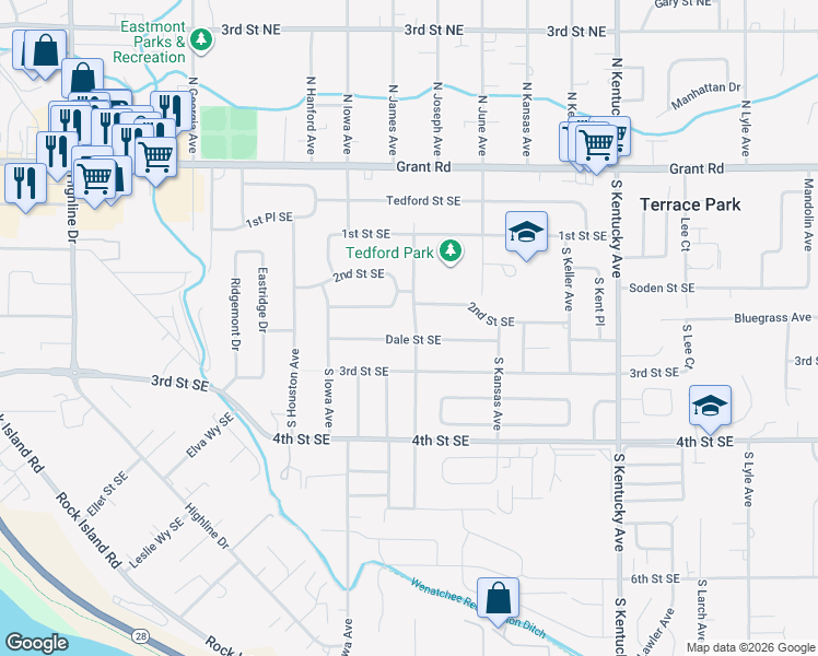 map of restaurants, bars, coffee shops, grocery stores, and more near 1127 Dale Street Southeast in East Wenatchee