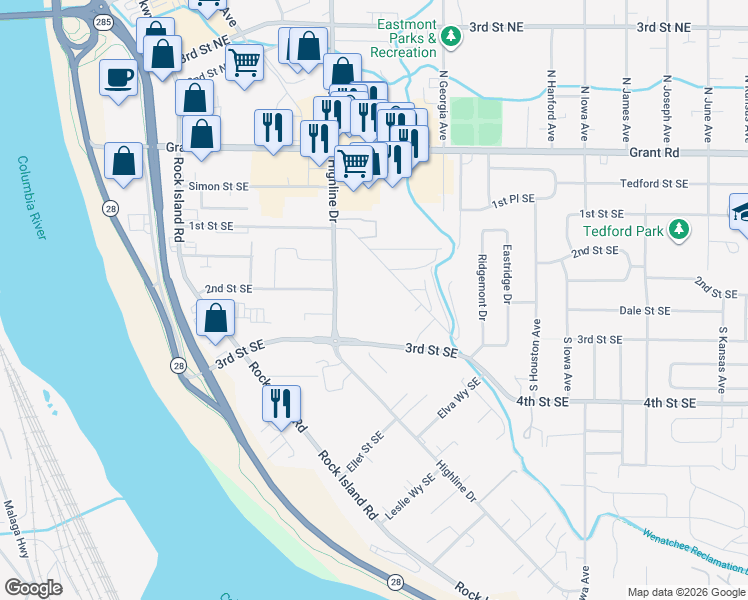 map of restaurants, bars, coffee shops, grocery stores, and more near 375 Highline Drive in East Wenatchee