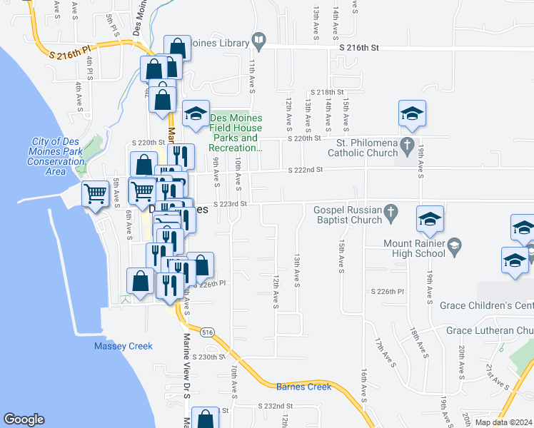 map of restaurants, bars, coffee shops, grocery stores, and more near 22316 11th Avenue South in Des Moines
