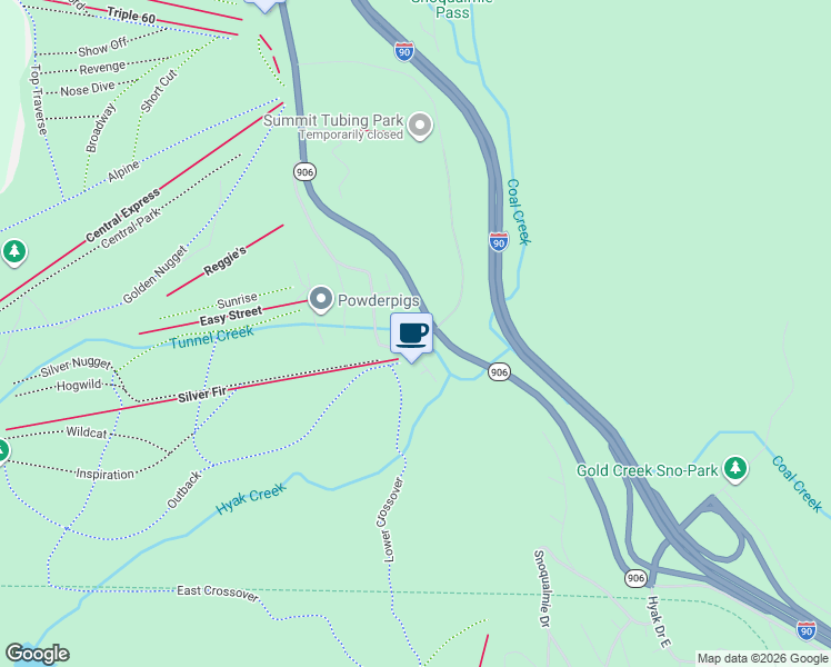 map of restaurants, bars, coffee shops, grocery stores, and more near 80 Tanner Way in Snoqualmie Pass