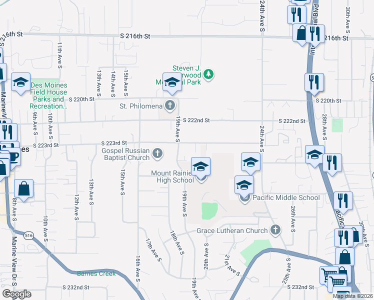 map of restaurants, bars, coffee shops, grocery stores, and more near 22303 Emmett Lane South in Des Moines