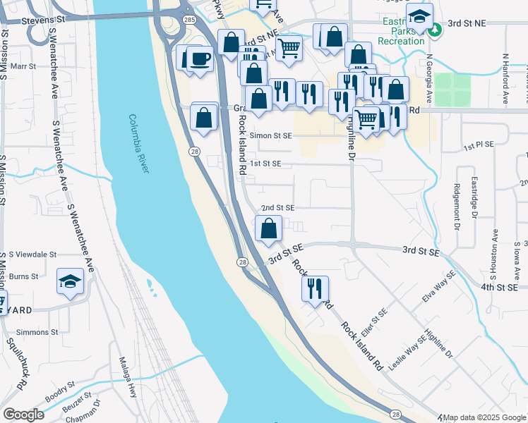 map of restaurants, bars, coffee shops, grocery stores, and more near 190 2nd Street Southeast in East Wenatchee