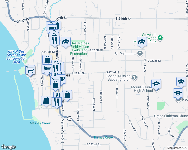 map of restaurants, bars, coffee shops, grocery stores, and more near 1119 South 223rd Street in Des Moines