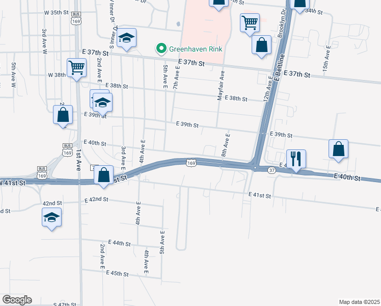 map of restaurants, bars, coffee shops, grocery stores, and more near 800 U.S. 169 in Hibbing