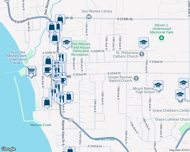 map of restaurants, bars, coffee shops, grocery stores, and more near 1119 South 223rd Street in Des Moines
