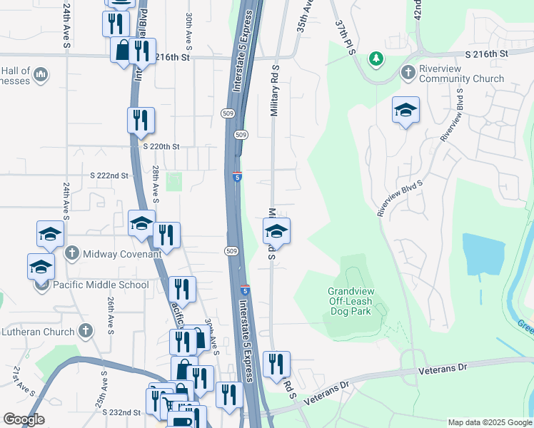 map of restaurants, bars, coffee shops, grocery stores, and more near 22233 Military Road South in SeaTac