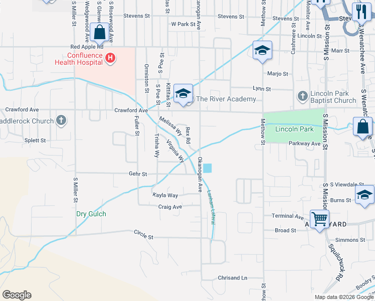 map of restaurants, bars, coffee shops, grocery stores, and more near 1554 Virginia Way in Wenatchee