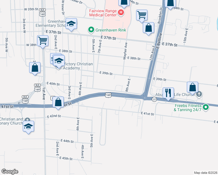 map of restaurants, bars, coffee shops, grocery stores, and more near 600 East 40th Street in Hibbing