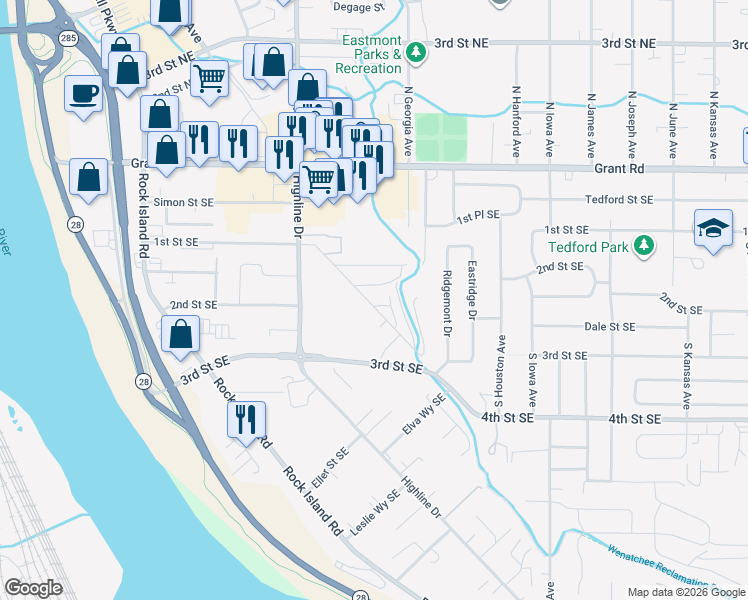 map of restaurants, bars, coffee shops, grocery stores, and more near 375 Highline Drive in East Wenatchee