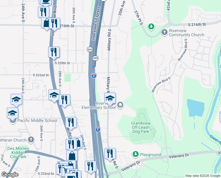 map of restaurants, bars, coffee shops, grocery stores, and more near 22233 Military Road South in SeaTac