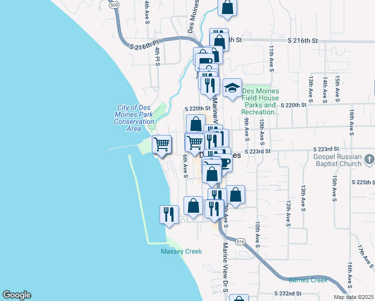 map of restaurants, bars, coffee shops, grocery stores, and more near 22226 6th Avenue South in Des Moines