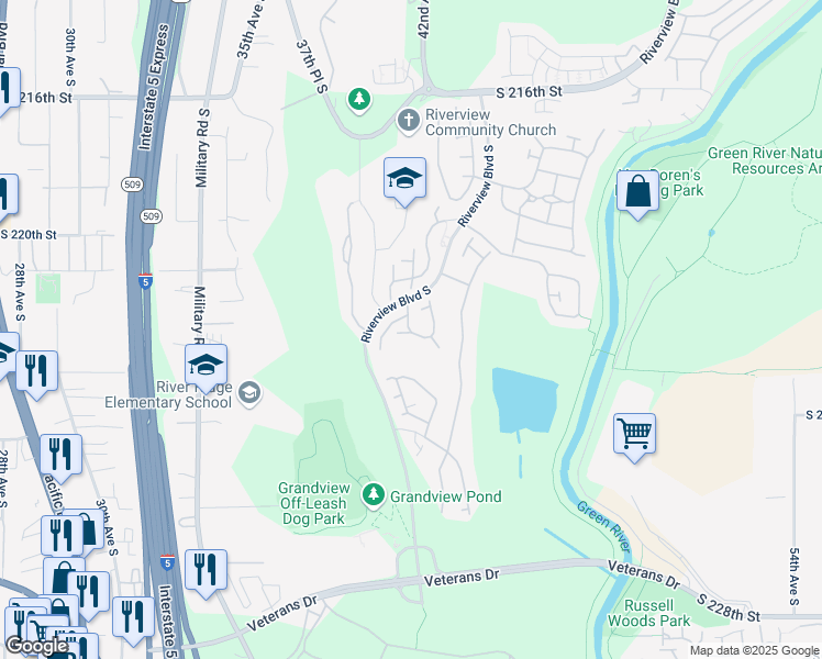 map of restaurants, bars, coffee shops, grocery stores, and more near 4125 South 223rd Street in Kent