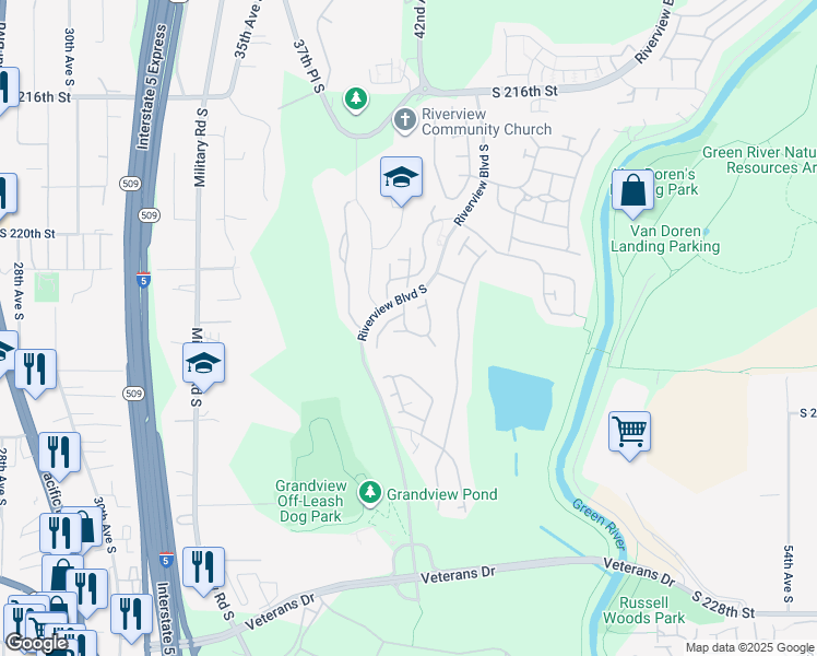 map of restaurants, bars, coffee shops, grocery stores, and more near 4102 South 222nd Place in Kent