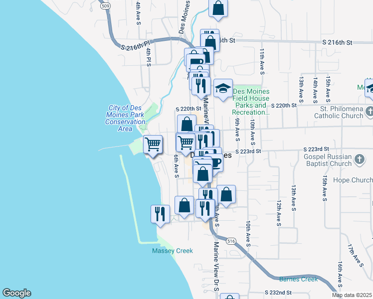 map of restaurants, bars, coffee shops, grocery stores, and more near 618 South 223rd Street in Des Moines