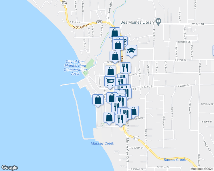 map of restaurants, bars, coffee shops, grocery stores, and more near 22226 6th Avenue South in Des Moines