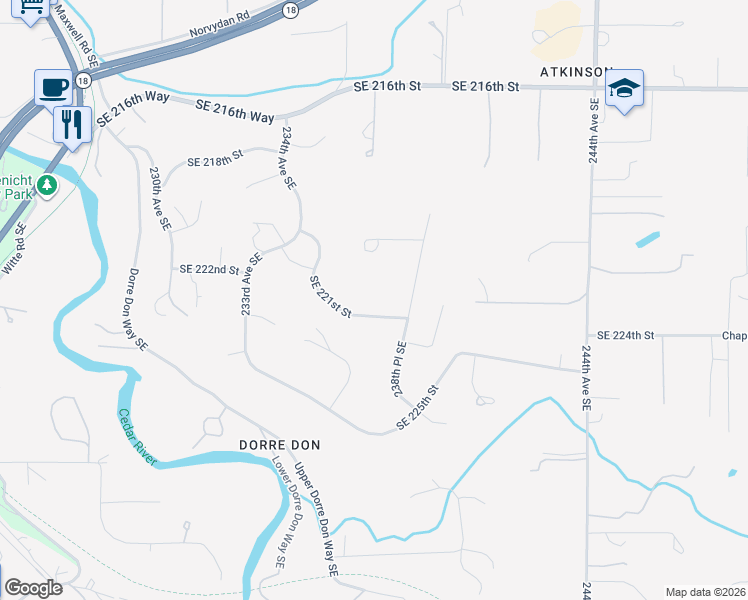 map of restaurants, bars, coffee shops, grocery stores, and more near 23725 Southeast 221st Street in Maple Valley