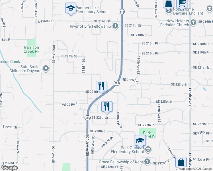 map of restaurants, bars, coffee shops, grocery stores, and more near 22410 Washington 515 in Kent