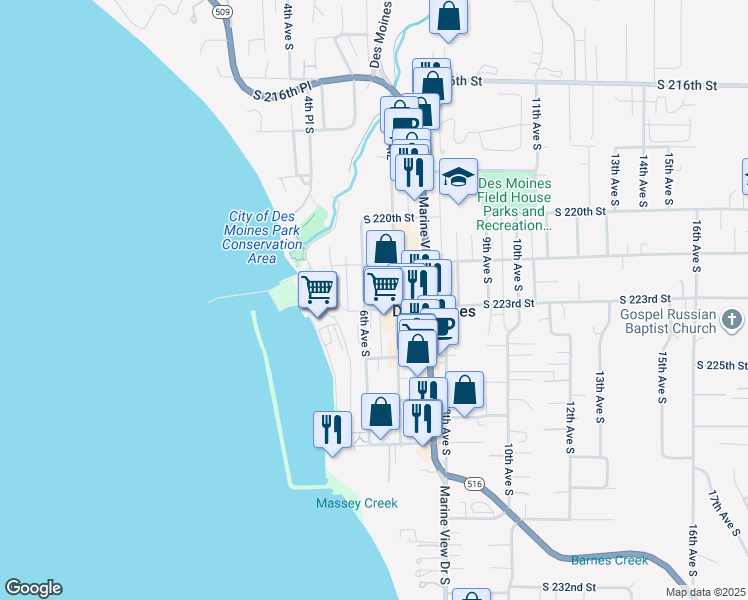 map of restaurants, bars, coffee shops, grocery stores, and more near 22309 7th Avenue South in Des Moines