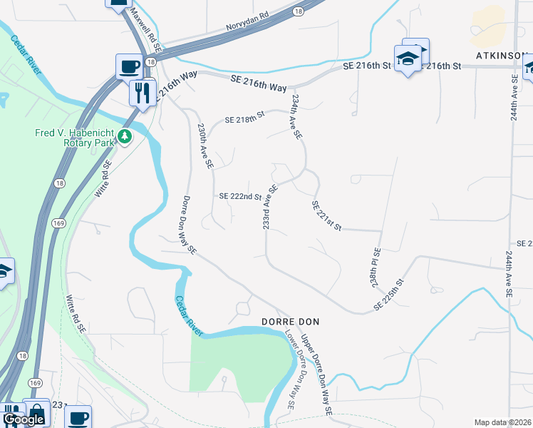 map of restaurants, bars, coffee shops, grocery stores, and more near 22218 233rd Avenue Southeast in Maple Valley