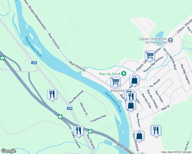 map of restaurants, bars, coffee shops, grocery stores, and more near 956 Victoria Street in Edmundston