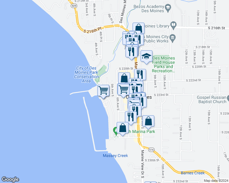map of restaurants, bars, coffee shops, grocery stores, and more near 22213 6th Avenue South in Des Moines