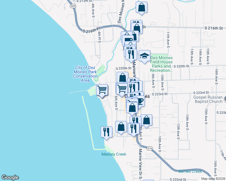 map of restaurants, bars, coffee shops, grocery stores, and more near 22213 6th Avenue South in Des Moines