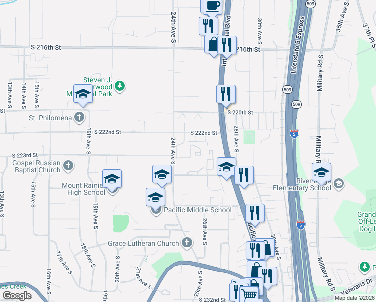 map of restaurants, bars, coffee shops, grocery stores, and more near 22234 24th Avenue South in Des Moines