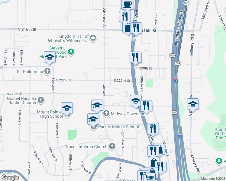 map of restaurants, bars, coffee shops, grocery stores, and more near 2445 South 222nd Street in Des Moines