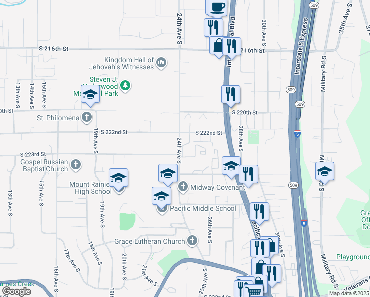 map of restaurants, bars, coffee shops, grocery stores, and more near 22222 24th Avenue South in Des Moines