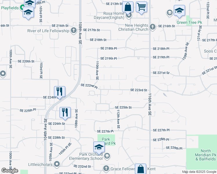 map of restaurants, bars, coffee shops, grocery stores, and more near 11109 Southeast 222nd Street in Kent