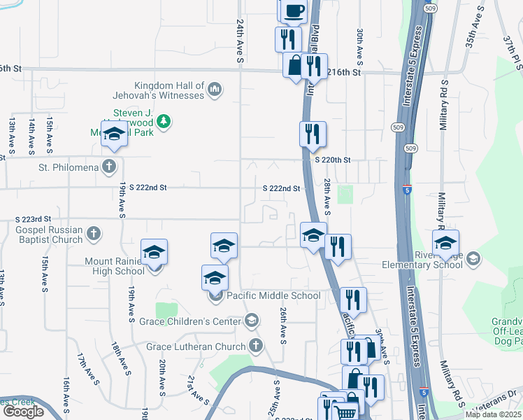 map of restaurants, bars, coffee shops, grocery stores, and more near 2445 South 222nd Street in Des Moines