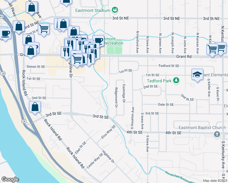 map of restaurants, bars, coffee shops, grocery stores, and more near 204 Ridgemont Drive in East Wenatchee