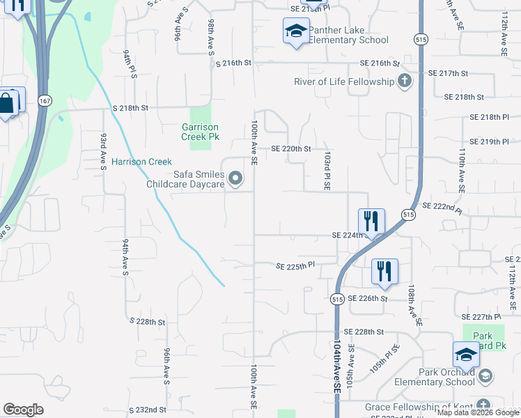map of restaurants, bars, coffee shops, grocery stores, and more near 22222 100th Avenue Southeast in Kent