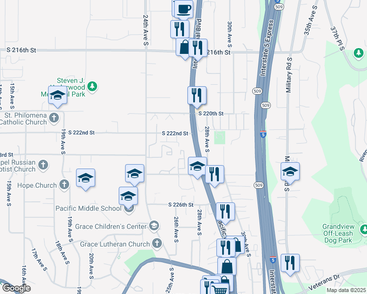 map of restaurants, bars, coffee shops, grocery stores, and more near 2445 South 222nd Street in Des Moines