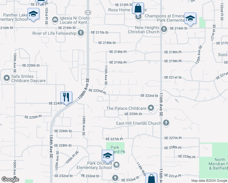 map of restaurants, bars, coffee shops, grocery stores, and more near 11109 Southeast 222nd Street in Kent