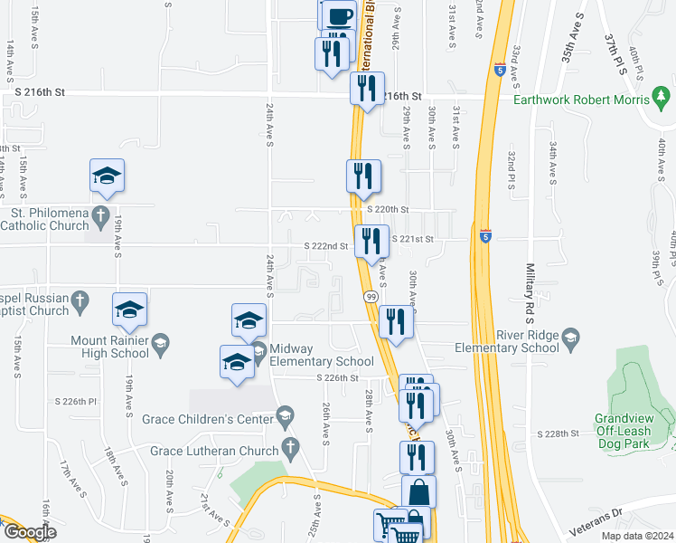 map of restaurants, bars, coffee shops, grocery stores, and more near 2445 South 222nd Street in Des Moines