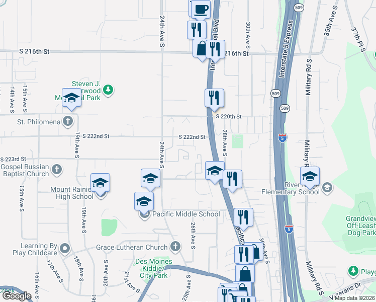 map of restaurants, bars, coffee shops, grocery stores, and more near 2445 South 222nd Street in Des Moines