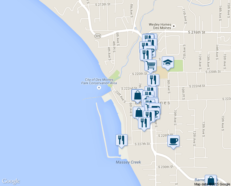 map of restaurants, bars, coffee shops, grocery stores, and more near 22211 Cliff Avenue South in Des Moines