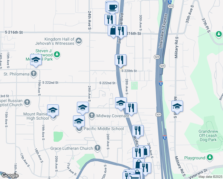 map of restaurants, bars, coffee shops, grocery stores, and more near 2445 South 222nd Street in Des Moines