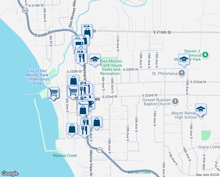 map of restaurants, bars, coffee shops, grocery stores, and more near 22215 10th Avenue South in Des Moines