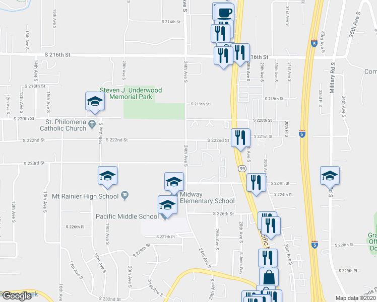 map of restaurants, bars, coffee shops, grocery stores, and more near 22222 24th Avenue South in Des Moines