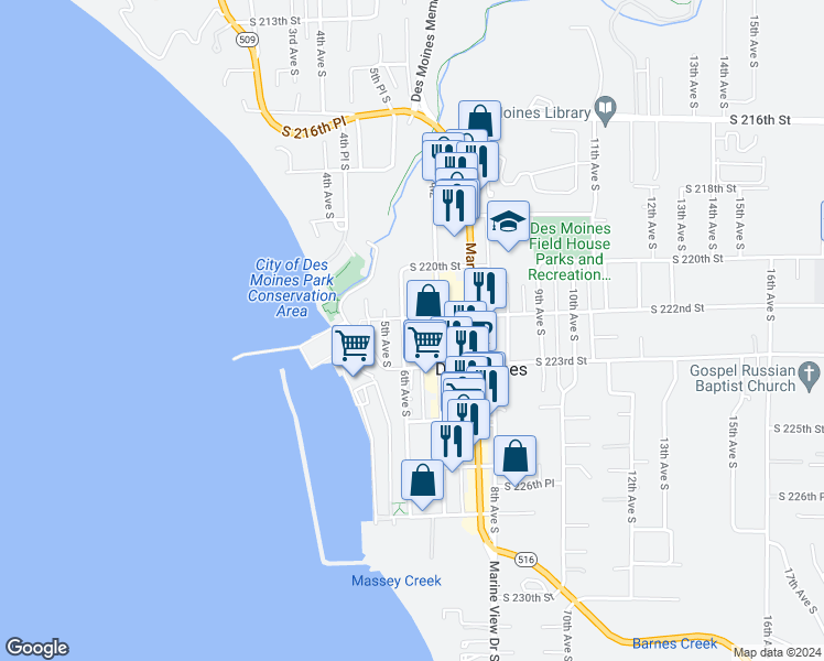 map of restaurants, bars, coffee shops, grocery stores, and more near 22207 7th Avenue South in Des Moines