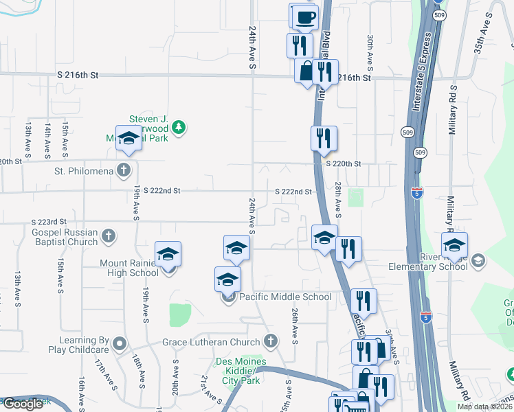 map of restaurants, bars, coffee shops, grocery stores, and more near 22246 24th Avenue South in Des Moines