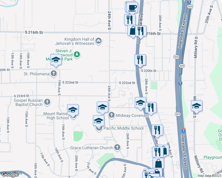 map of restaurants, bars, coffee shops, grocery stores, and more near 22244 24th Avenue South in Des Moines