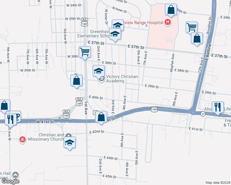map of restaurants, bars, coffee shops, grocery stores, and more near 3922 3rd Avenue East in Hibbing