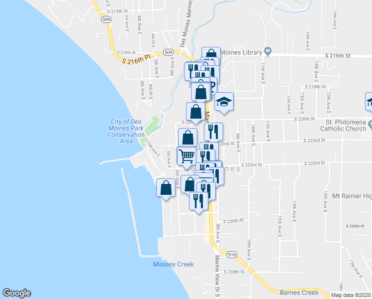 map of restaurants, bars, coffee shops, grocery stores, and more near 22207 7th Avenue South in Des Moines